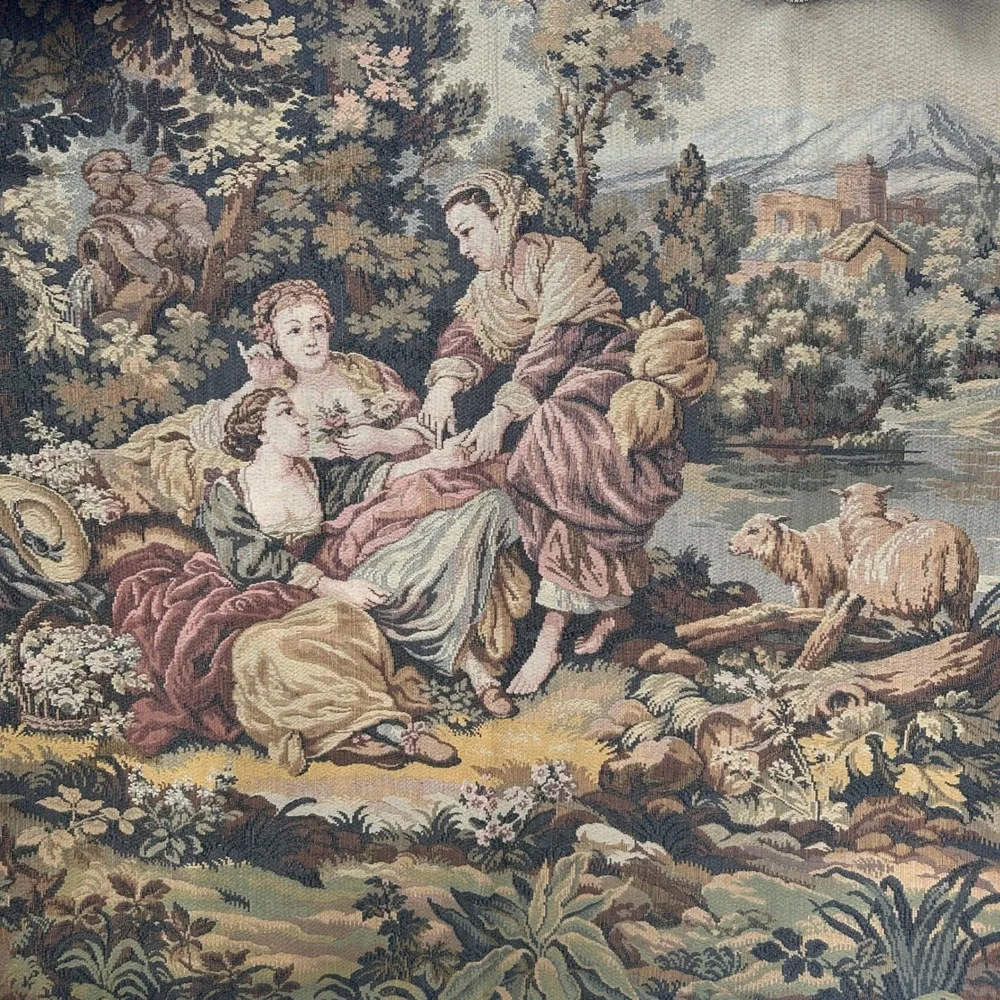 VTG Woven Wall French Tapestry Pastoral Scene Sheep Jacquard Wall‎ Art 4'X6.25'